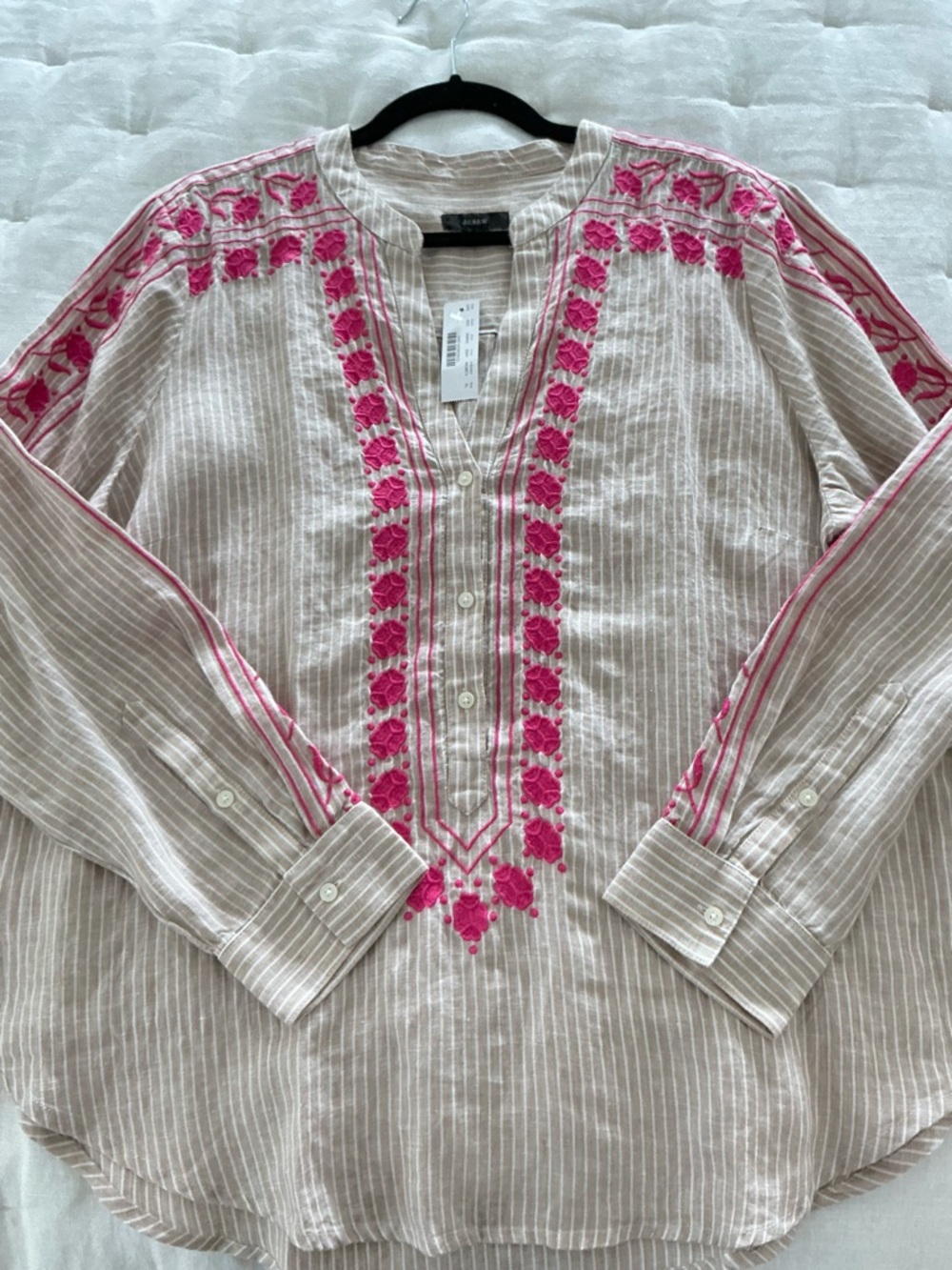 J. Crew Tan and White Striped Linen Tunic with Hot Pink Embroidery - Picture 3 of 10